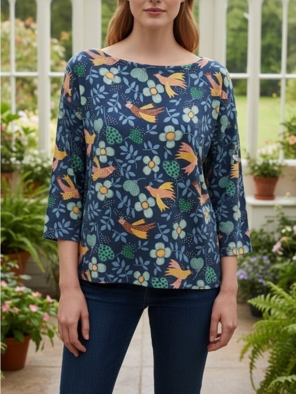 Gudrun Sjödén Organic Cotton Modal Bird Floral Print Top Women's M Scandinavian